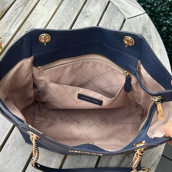 Michael Kors Jet Set Travel Large Chain Shoulder Tote Navy Blue Leather - Picture 7 of 9